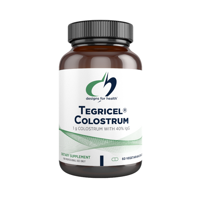 A supplement bottle with the name Tegricel Colostrum by Designs for Health 60 vegetarian capsules