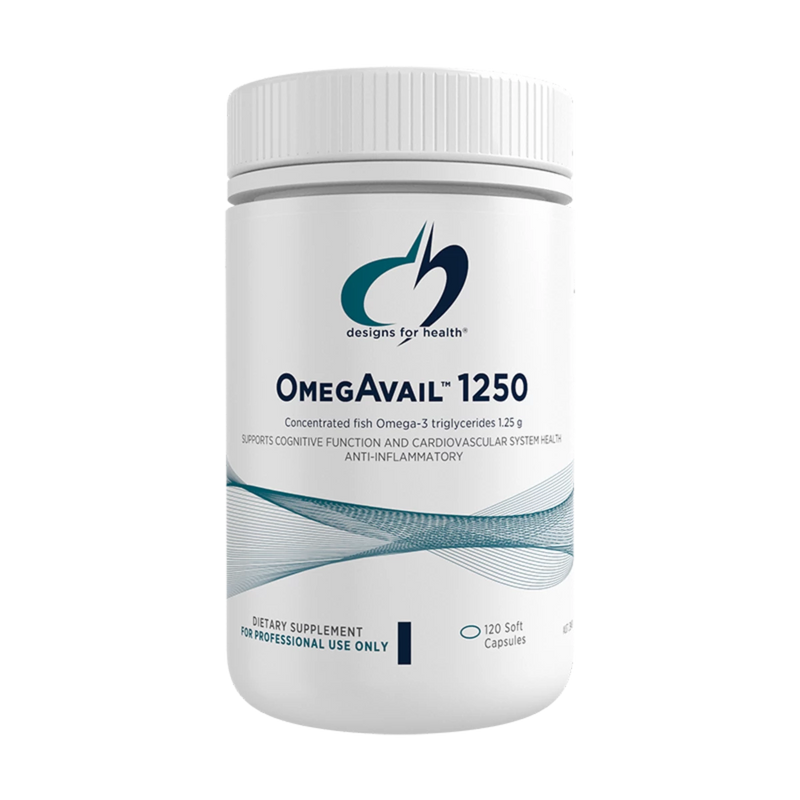A supplement bottle with the label OmegAvail 1250 120 soft capsules