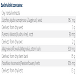 Text listing the ingredients including Ziziphus jujuba var spinosa, Pueraria lobata, Kudzu, Magnolia officinalis, Passiflora incarnata