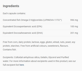 Ingredients including Omega 3 triglycerides, LIPINOVA-11Tg, EPA, DHA, Eicosapentaenoic, Docosahexaenoic acid.