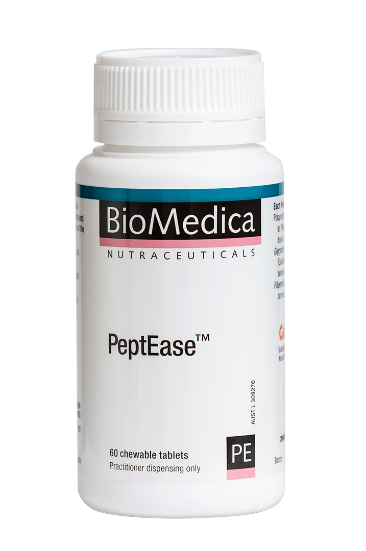 A supplement container of PeptEase 60 Chewable Tablets by Bio-Medica