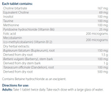 Text listing the ingredients including Choline bitartrate, Inositol, Taurine, Methionine, Pyridoxine hydrochloride, vitamin b6, Folic acid, Mecobalamin, Vitamin b12, Bupleurum Falcatum, Bupleurum, Berberis vulgaris, Barberry, Taraxacum officinale, Dandelion.