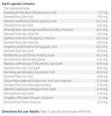 Text listing the ingredients including, Bupleurum falcatum, Paeonia laciflora, Chinese peony, Atractylodes macroceophala, Cyperus rotundus, Nutgrass, Angelica polymorpha, Dong quai, Woldiporia cocos, Poria, Paeonia suffruticosa, Tree peony, Gardenia jasminoides, Glycyrrhiza uralensis, Liquorice, Mentha haplocalyx, Peppermint, Zingiber officinale, Ginger