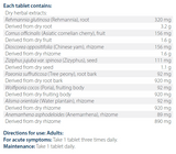 Text listing the ingredients including, Rehmannia glutinosa, Cornus officinalis, Asiatic cornelian cherry, Dioscorea oppositifolia, Chinese yam, Ziziphus jujuba var. spinosa, Paeonia suffruticosa, Tree peony, Wolfiporia cocos, Poria,Alisma orientale, Water plantain, Anemarrhena asphodeloides