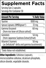 Text listing the ingredients including Taurine, Spruce Lignans, HMRlignan, Gamma Oryzanol, Oryza sativa, Genistein, Sophora, Vitamin e isomers, Deltagold, Gamma tocotrienols, cellulose (capsule), microcrystalline cellulose, dicalcium phosphate, silicon dioxide, vegetable stearate