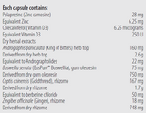 Text listing the ingredients including Polaprezinc, zinc carnosine, Colecalciferol, vitamin d3, Andrographis paniculata, king of bitters, Andographolides, Boswellia serrata, Bospure, Coptis chinensis, goldthread, rhizome, berberine chloride, Zingiber officinale, Ginger.
