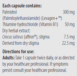 Ingredients including Palmidrol, Palmitoylethanolamide, Levagen, Thiamine hydrochloride, Vitamin b1, Crocus sativus, Affron.