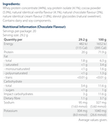 Ingredients including Whey protein concentrate, Soy protein isolate, Cocoa powder, natural identical vanilla flavour, natural chocolate flavour, nature identical cream flavour, steviol glycosides.