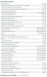 Text listing the ingredients including, Betacarotene, Mixed tocopherols, d-alpha-tocopheryl acid succinate, vitamin e, ascorbic acid, vitamin c, Colecalciferol, vitamin d3,  Thiamine, hydrochloride, vitamin b1, riboflavin, vitamin b2, Nicotinamide, vitamin b3, Calcium pantothenate, vitamin b5, p5p, Pyridoxal 5-phosphate, zinc, boron, molybdenum, grape seed, vitis vinifera, green tea,egcg, green tea