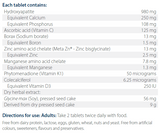 Ingredients including Hydroxyapatite, Caclium, Phosphorus, Ascorbic acid, vitamin C, Borax, sodium borate, Boron, Zinc, Zinc bisglycinate, Manganese amino acid chelate, Phytomenadione, Vitamin k1, Colecalciferol, Vitamin d3, Glycine max, Soy, Pressed seed cake.
