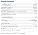 Ingredients including hydroxyapatite, Calcium, Phosphorus, Ascorbic acid, Vitamin C, Borax, Sodium borate, Boron, Zinc amino acid chelate, Meta zn, Meta zinc, Zinc bisglycinate, Manganese amino acid chelate, Manganese bisglycinate, Phytomenadione, Vitamin K1, Colecalciferol, d3, Vitamin d3, Glycine max, soy, seed cake.