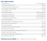 Ingredients including, Colecalciferol, D3, Vitamin D3, Phytomenadione, Vitamin k1, Zinc sulfate monohydrate, Zinc, Selenomethione, Selenium, Molybdenum trioxide, Reynoutria japonica, Polygonum, Resveratrol, Cameliia sinesnis, green tea, Curcuma longa, BCM-95, Tumeric, Panax Ginseng, Korean ginseng.