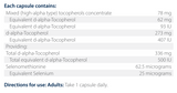 Ingredients including Mixed High Alpha type, Tocopherols, D-alpha-Tocopherol, Selenomethione, Selenium.