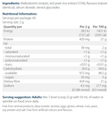 A list of ingredients including Maltodextrin, Red yeast rice extract, Steviol glycosides.