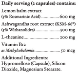 Text describing the ingredients: Lemon balm extract, Ashwagandha root extract, L-theanine, Vitamin B12,