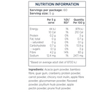 Text of the ingredients: Acacia gum powder, Bamboo fibre, guar gum, cranberry protein powder, carrot powder, chicory root inulin, apple fibre powder, glucomannan powder, flaxseed powder, psyllium husk powder, apple pectin powder, prune fruit powder