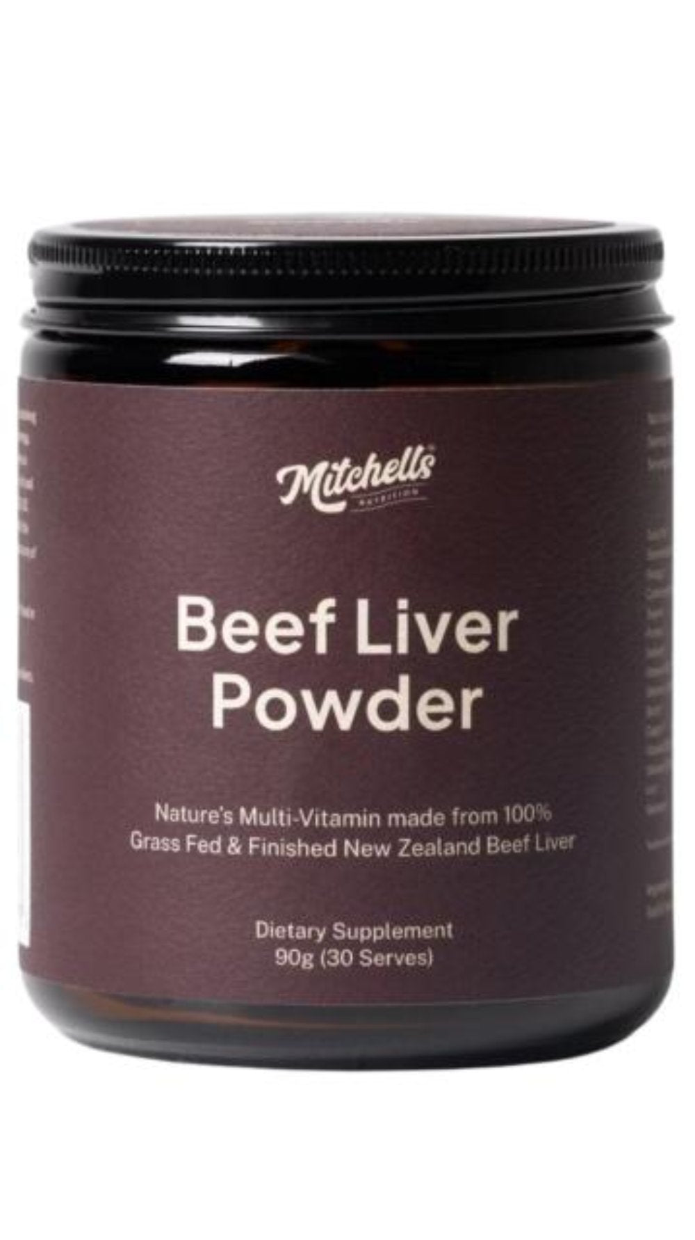 A Supplement container with the name Beef Liver Powder by Mitchells Nutrition.
