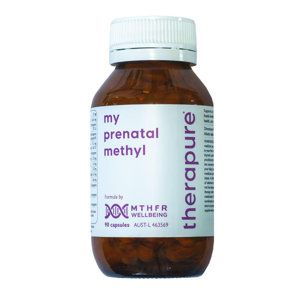 A supplement container of MTHFR (TheraPure) My Prenatal Methyl by MTHFR Support