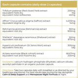 Ingredients: Trifolium pratense (Red clover) herb extract, Affron Crocus sativus stigma (Saffron) extract, Rehmannia glutinosa (Rehmannia) extract, SheVari4 Asparagus racemosus (shatavari) extract, Hypericum perforatum (St Johns ort) extract, Actaea racemosa (black cohosh) extract.