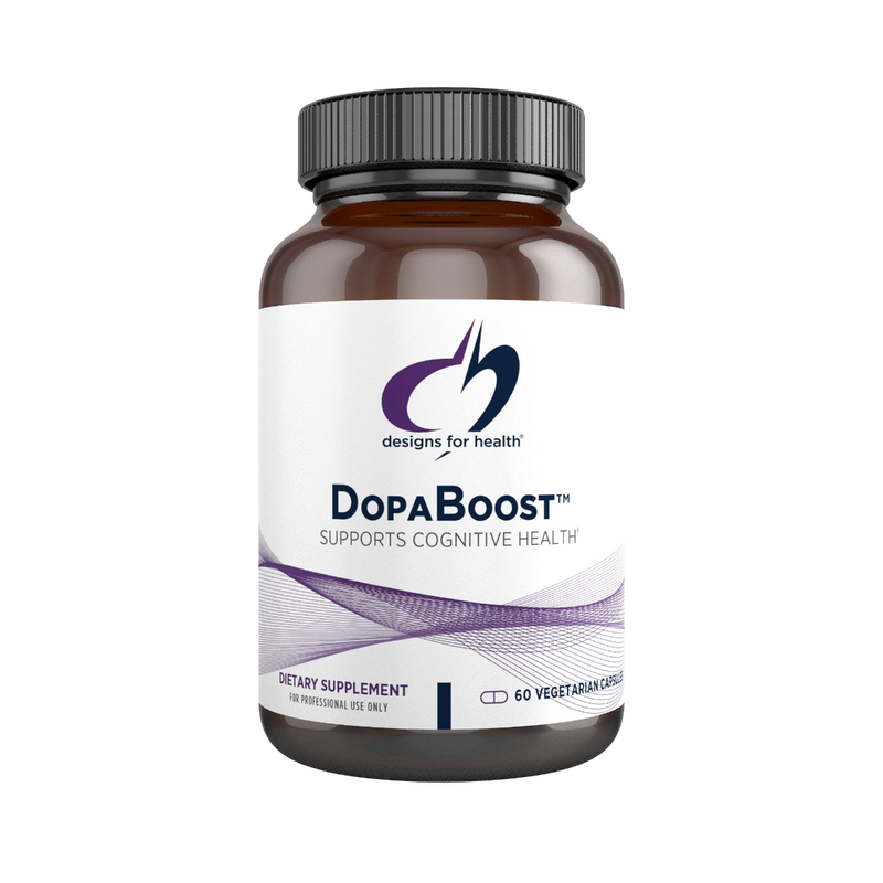 Image of a white supplement bottle that says desifgns for health Dopaboost supports cognitive health dietary supplement 60 vegetairan capsules