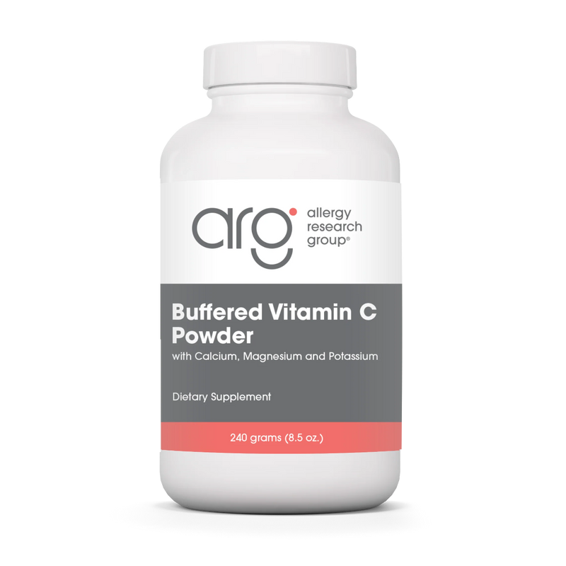 A Supplement container with the name Bufferede Vitamin C Powder by Allergy Research Group.