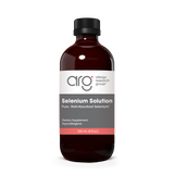 A Supplement container with the name Selenium Solution, Pure, Well-absorbed selenium by Allergy Research Group.