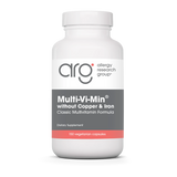 A Supplement container with the name Multi-Vi-Min without copper & iron by Allergy Research Group.