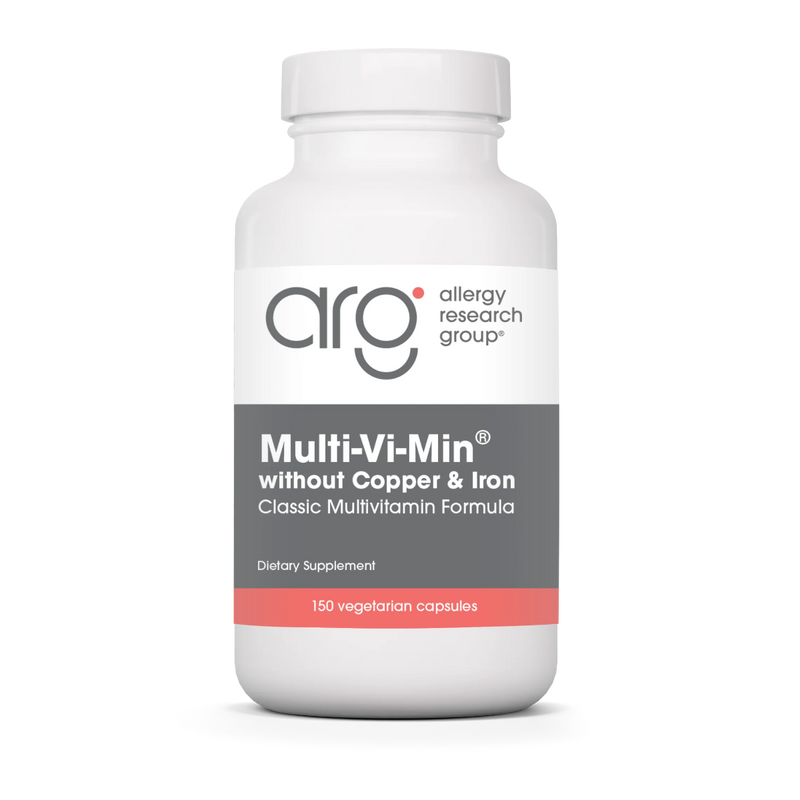 A Supplement container with the name Multi-Vi-Min without copper & iron by Allergy Research Group.