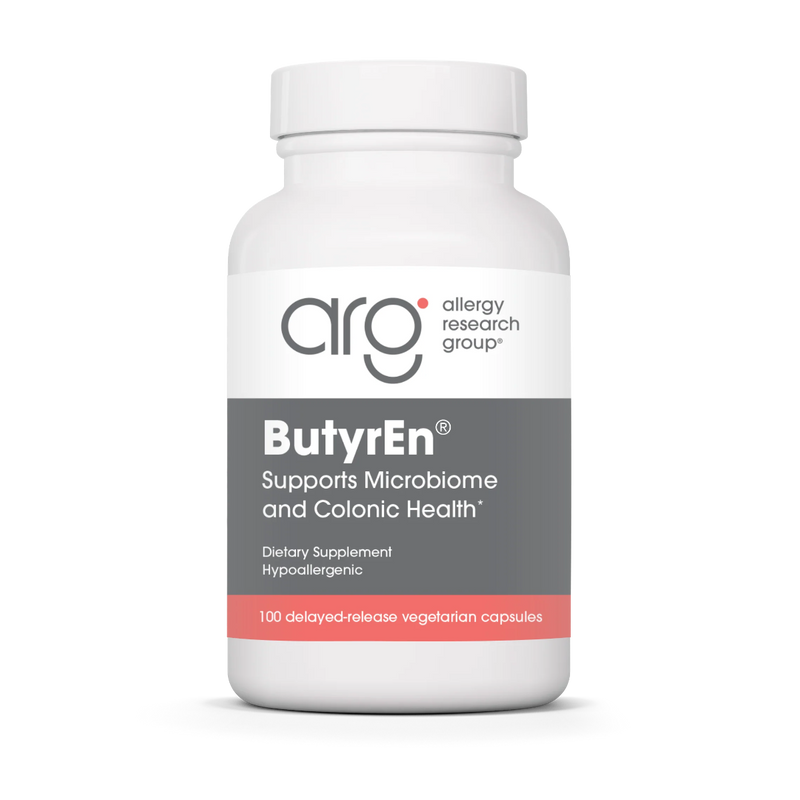 A Supplement container with the name ButyrEn by Allergy Research