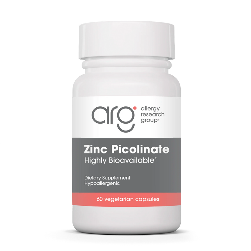 A Supplement container with the name  Zinc Picolinate by Allergy Research Group.