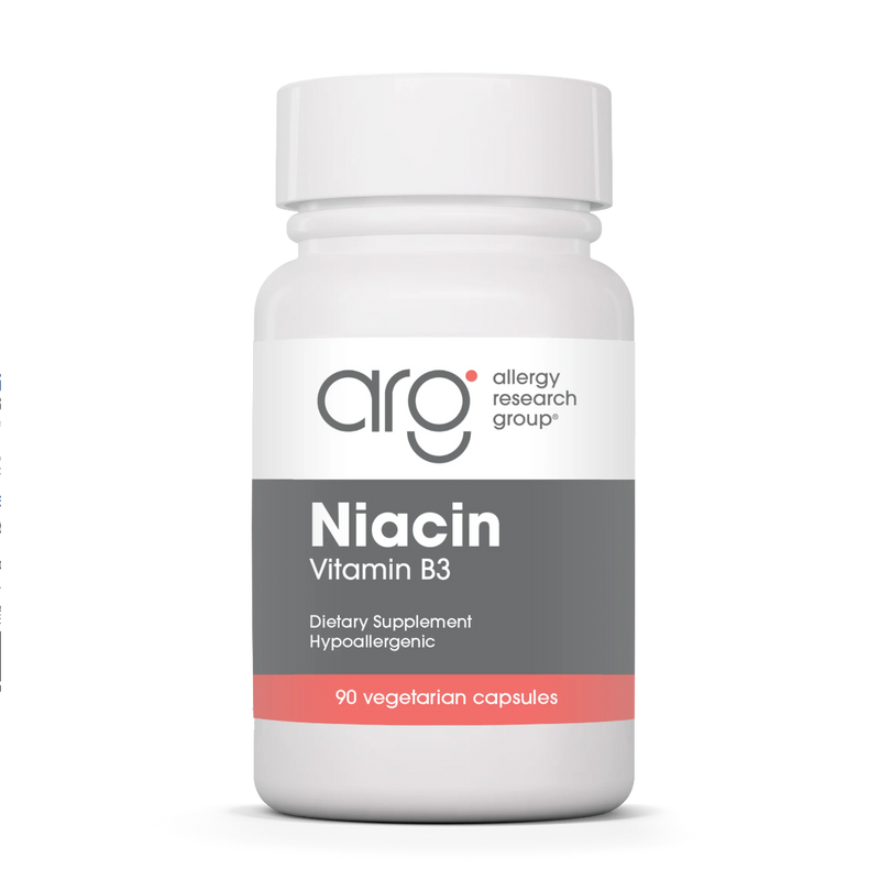 A Supplement container with the name Niacin Vitamin B3 by Allergy Research Group.