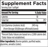 Text describing the ingredients: GLA (Gamma-Linolenic Acid) (from Borage Oil) (Borage officinalis) (seed), bovine gelatin, purified water, glycerine, annatto (colour)