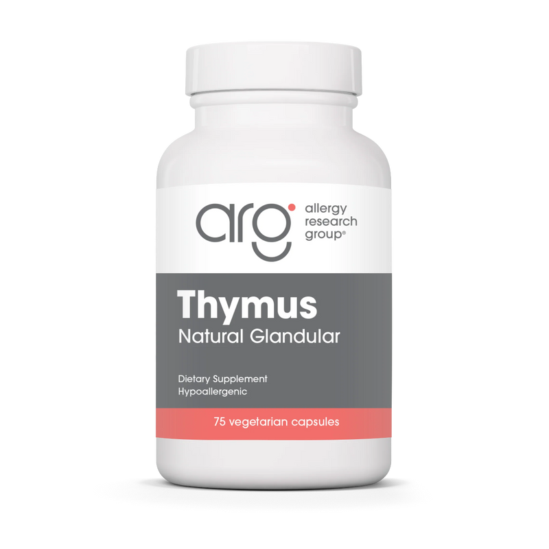 A Supplement container with the name Thymus Natural Glandular by Allergy Research Group.