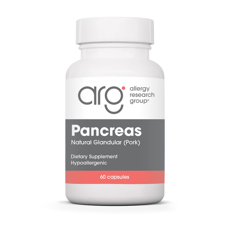 A Supplement container with the name Pancreas (Pork 60 Vegetarian Caps) by Allergy Research Group.