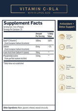 Label of content on supplement bottle, Quali Vitamin C ( from European Sodium Ascorbate) 500mg, Sodium ( from European Sodium Ascorbate) 65mg, Lipoic Acid (from Sodium R-Lipoate) 20mg, Phosphatidylcholine (from purified soybean Lecithin) 134mg, other ingredients, water, glycerin, ethanol, neutral oils.
