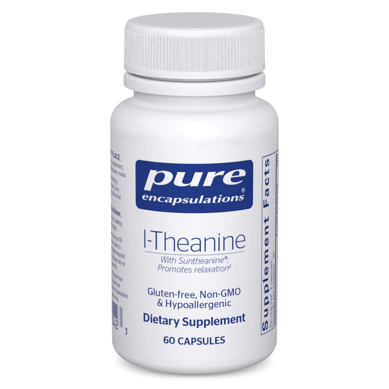 A Supplement container with the name I-Theanine by Pure Encapsulations.