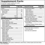 Text describing the ingredients: Organic Spirulina, Barley Grass Juice, Wheat Grass Juice, Chlorella, Nettle Leaves, Spinach, Carrot, Beet, Kale, Tomato Parsley, Broccoli Sprout, Cauliflower Sprout, Kate Sprout, Apple, Blueberry, Cranberry, Raspberry, Camu Camu Berry Extract, Oxyphyte Grape Seed Extract, Grape Skin Extract, Enzyme Blend, Organic Burdock Root, inulin, tapioca maltodextrin, natural flavour, certifie organic stevia leaf extract stevia rebaudiana
