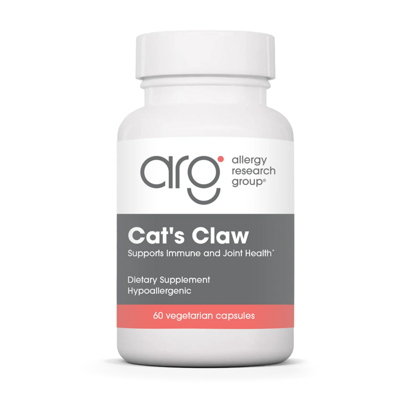 A Supplement container with the name Cat's Claw by Allergy Research Group.