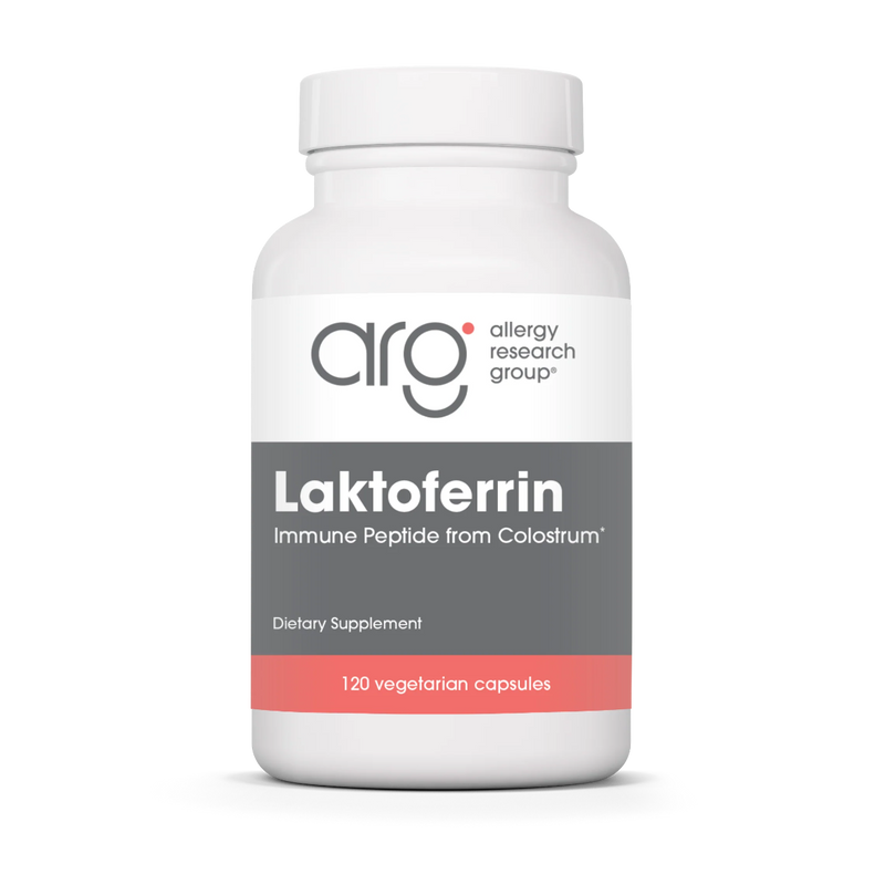 A Supplement container with the name Laktoferrin by Allergy Research Group.