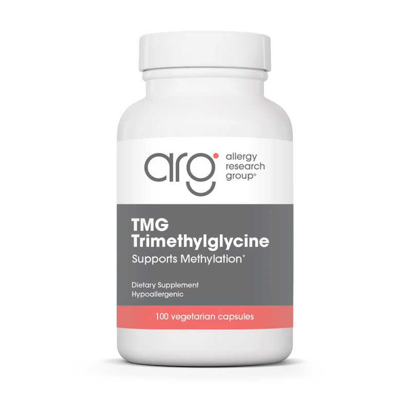 A Supplement container with the name TMG Trimethylglycine by Allergy Research