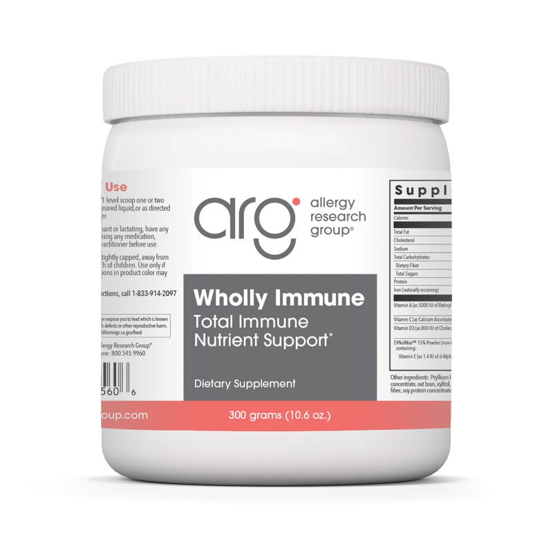 A Supplement container with the name Wholly Immune by Allergy Research Group.