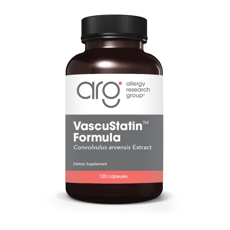 A Supplement container with the name VascuStatin by Allergy Research Group.