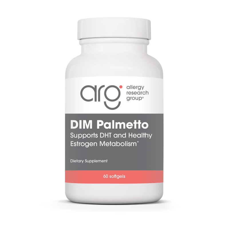 A Supplement container with the name DIM Palmetto (formerly called  DIM Palmetto Prostate Formula) from Allergy Research Group.
