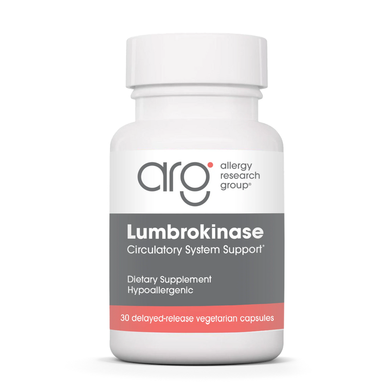 A Supplement container with the name Lumbrokinase by Allergy Research Group.