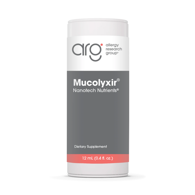 A Supplement container with the name Mucolyxir by Allergy Research Group.