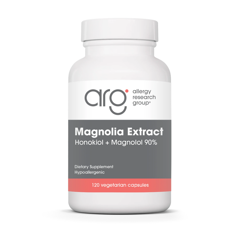 A Supplement container with the name Magnolia Extract Honokiol + Magnolol 90% by Allergy Research Group.