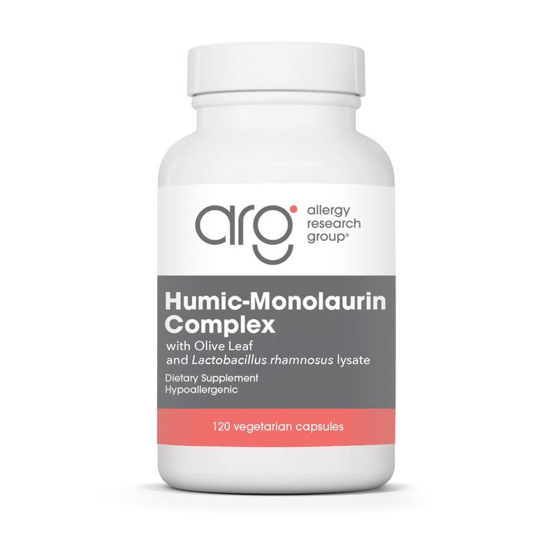 A Supplement container with the name Humic-Monolaurin Complex by Allergy Research Group.
