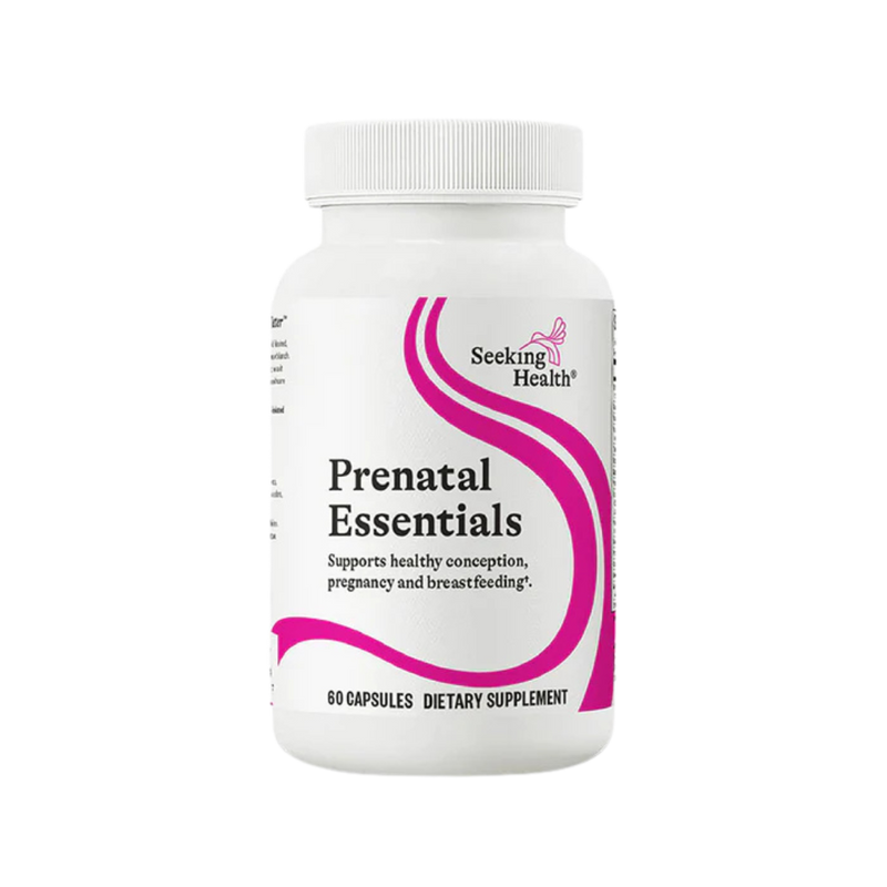 A Supplement container with the name Prenatal Essentials by Seeking Health.
