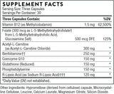 Ingredients including Vitamin b12, Methylcobalamin, Folate, l5mthfr, Glucosamine salt, Acetyl-l-Carnitine chloride, Benfotiamine, Coenzyme Q10, Glutathione reduced, Phosphatidylserine, R-Lipoic Acid, Sodium R-Lipoic Acid.