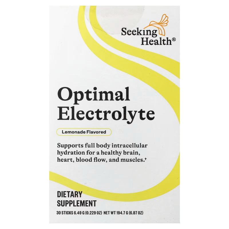 A Supplement box with the name Optimal Electrolyte (Lemonade Flavored) by Seeking Health.